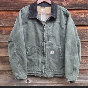 Carhartt Detroit Style Canvas Workwear Jacket Moss Green Color Nice fading Large